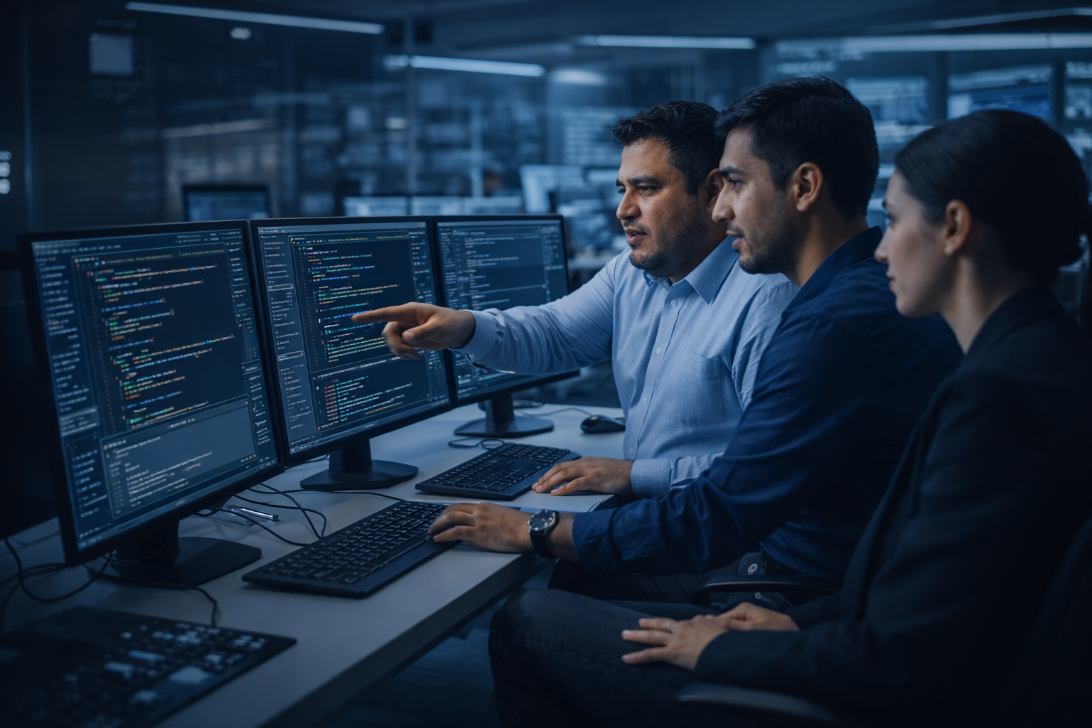 Equipo tecnológico corporativo de JAS Solutions trabajando en desarrollo de software y análisis técnico