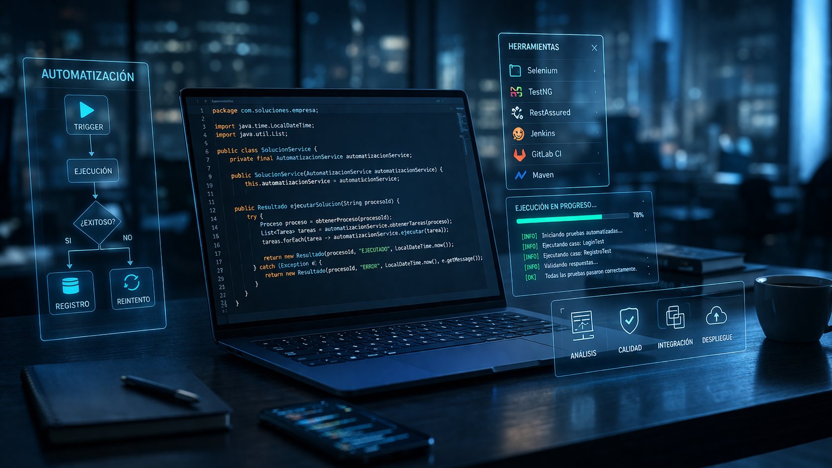 Equipo corporativo trabajando en soluciones tecnológicas y transformación digital